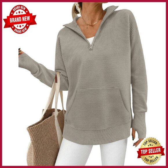 Quarter Zip Pullover Sweater with Thumb Holes & Pocket Loose Fit